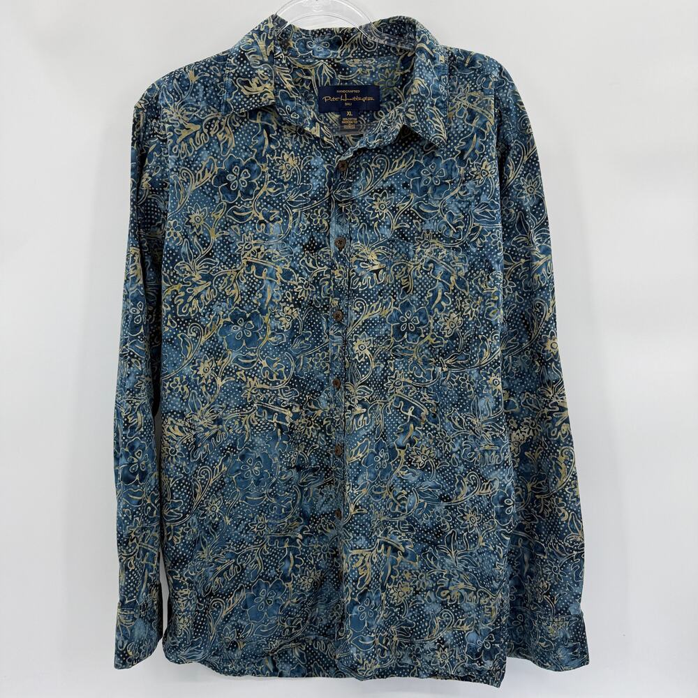 PETE HUNTINGTON Long Sleeve Shirt Mens Size XL Blue Gold Hand Dyed Button Front
